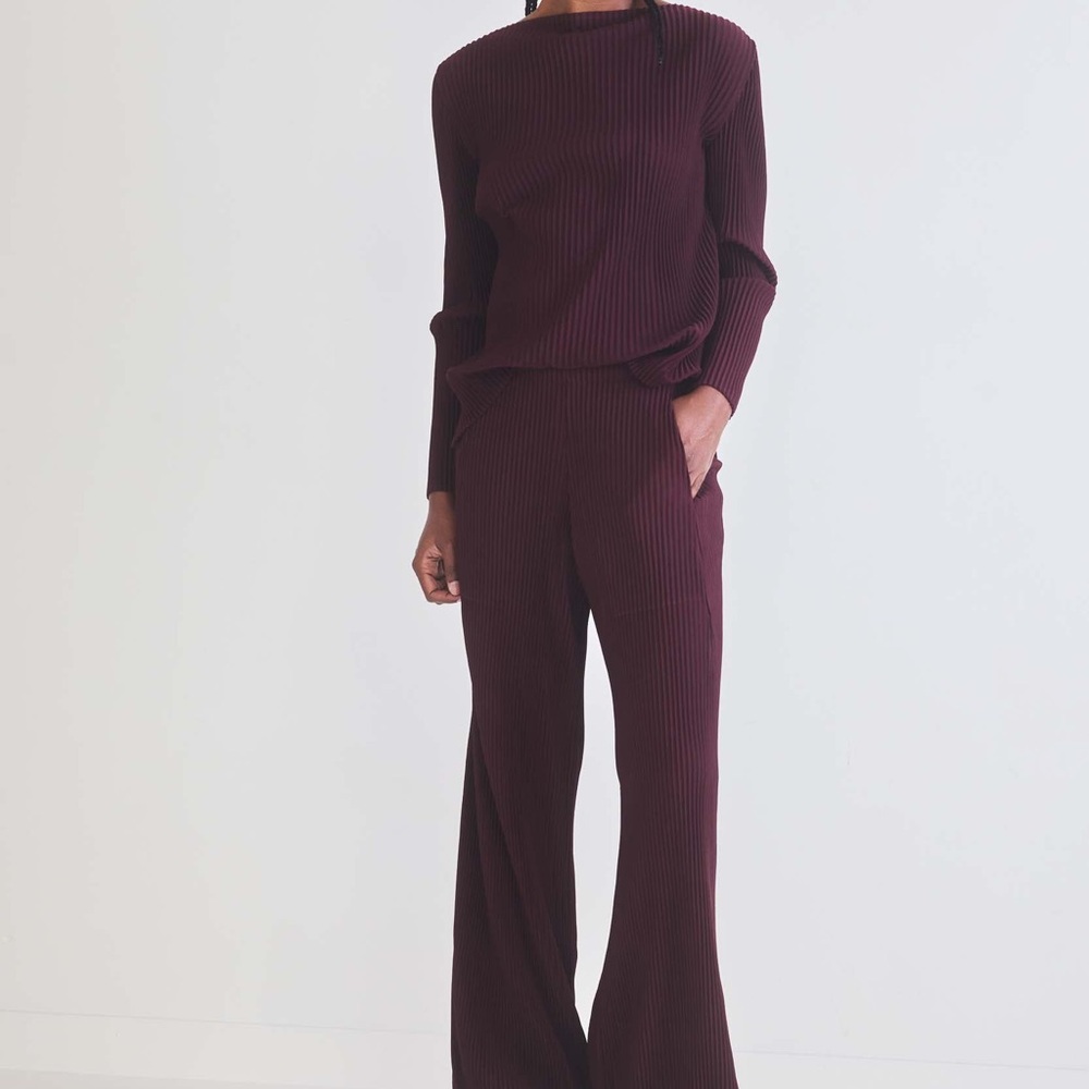 Ruti Burgundy Merlot Masterful Plisse Pleated Ribbed Pants & Top Size S/M NEW
